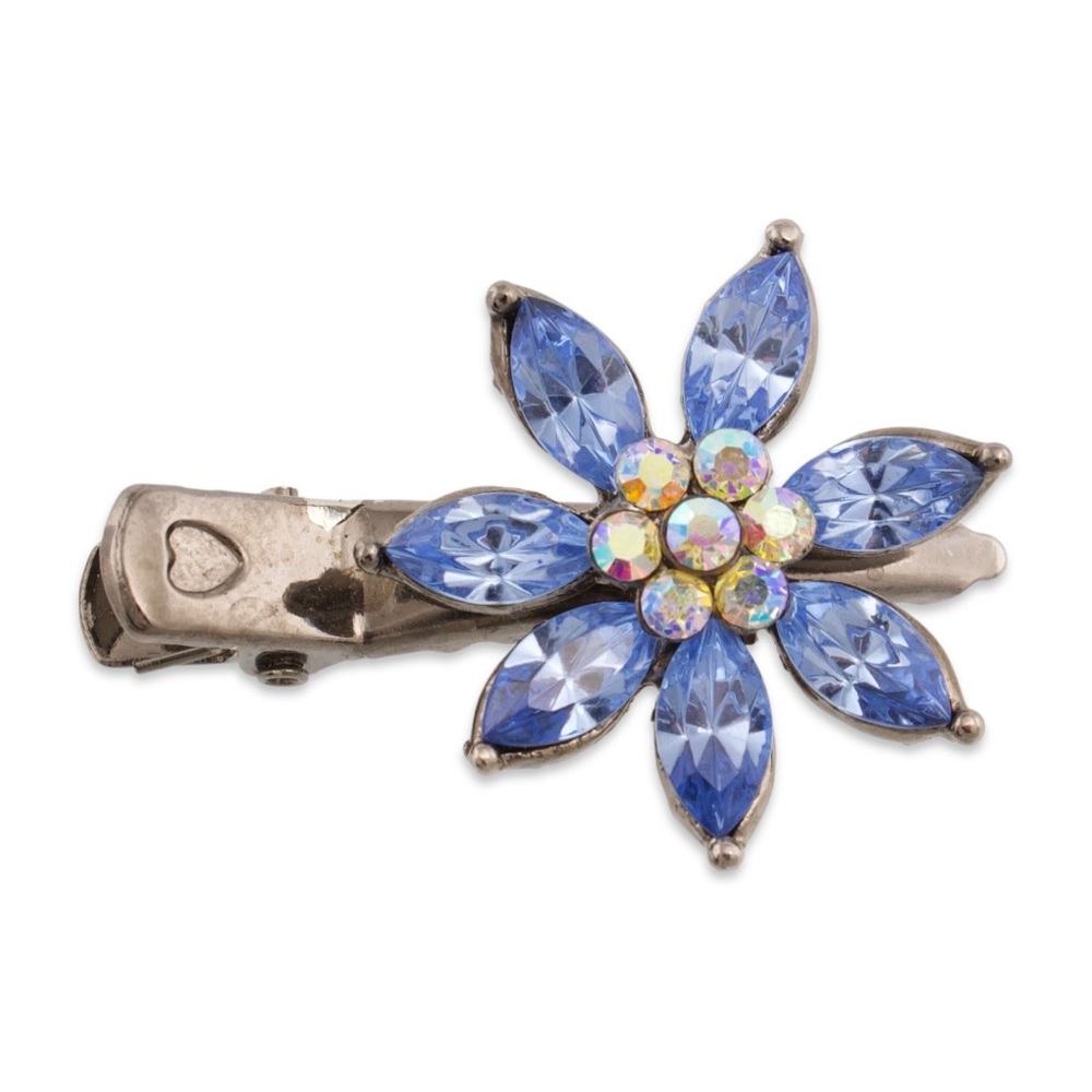 Estate Flower Hair Clip Aurora Borealis & Blue Rhinestone Barrette